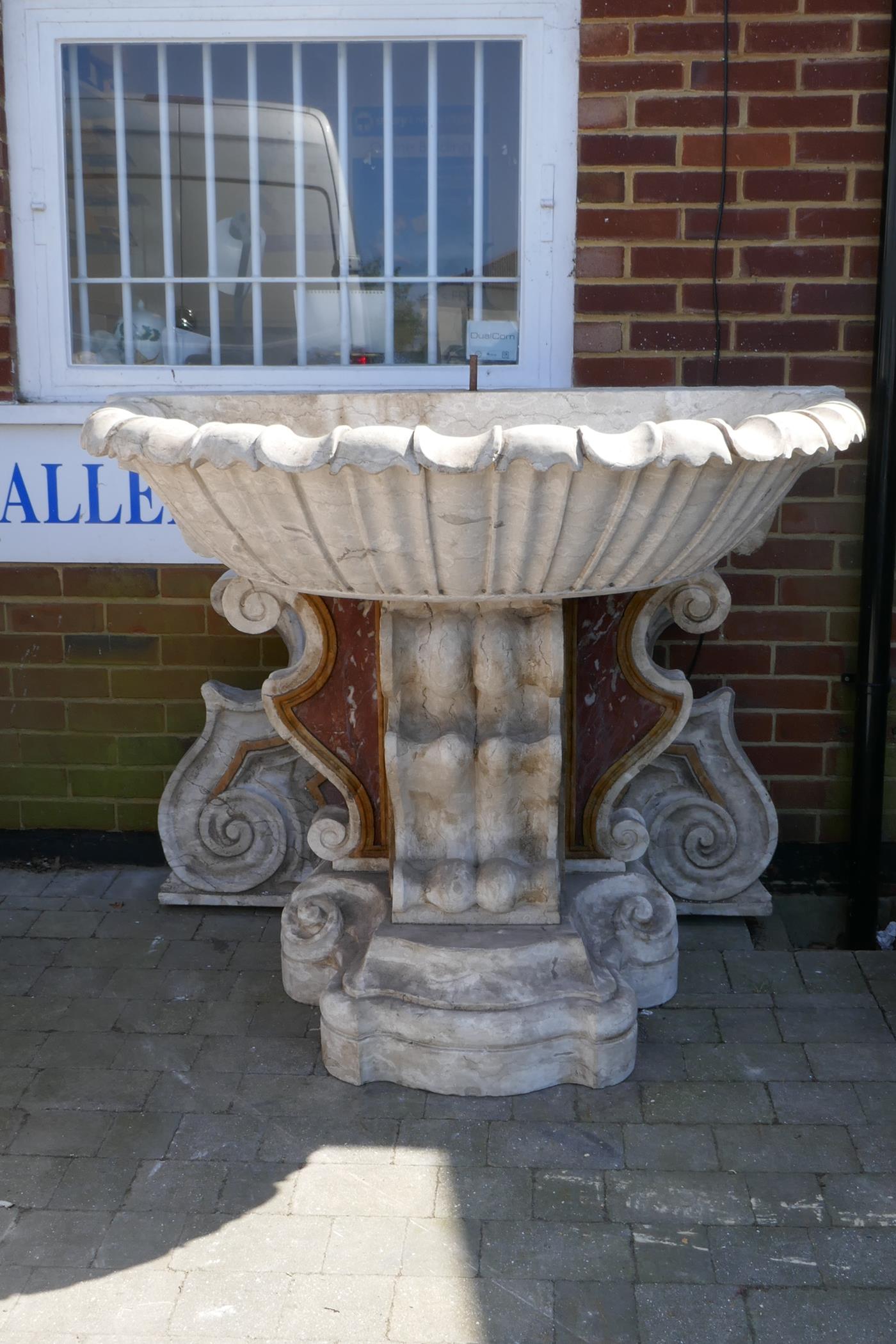 A monumental carved stone and marble Italianate garden fountain, in three sections, 193cm high