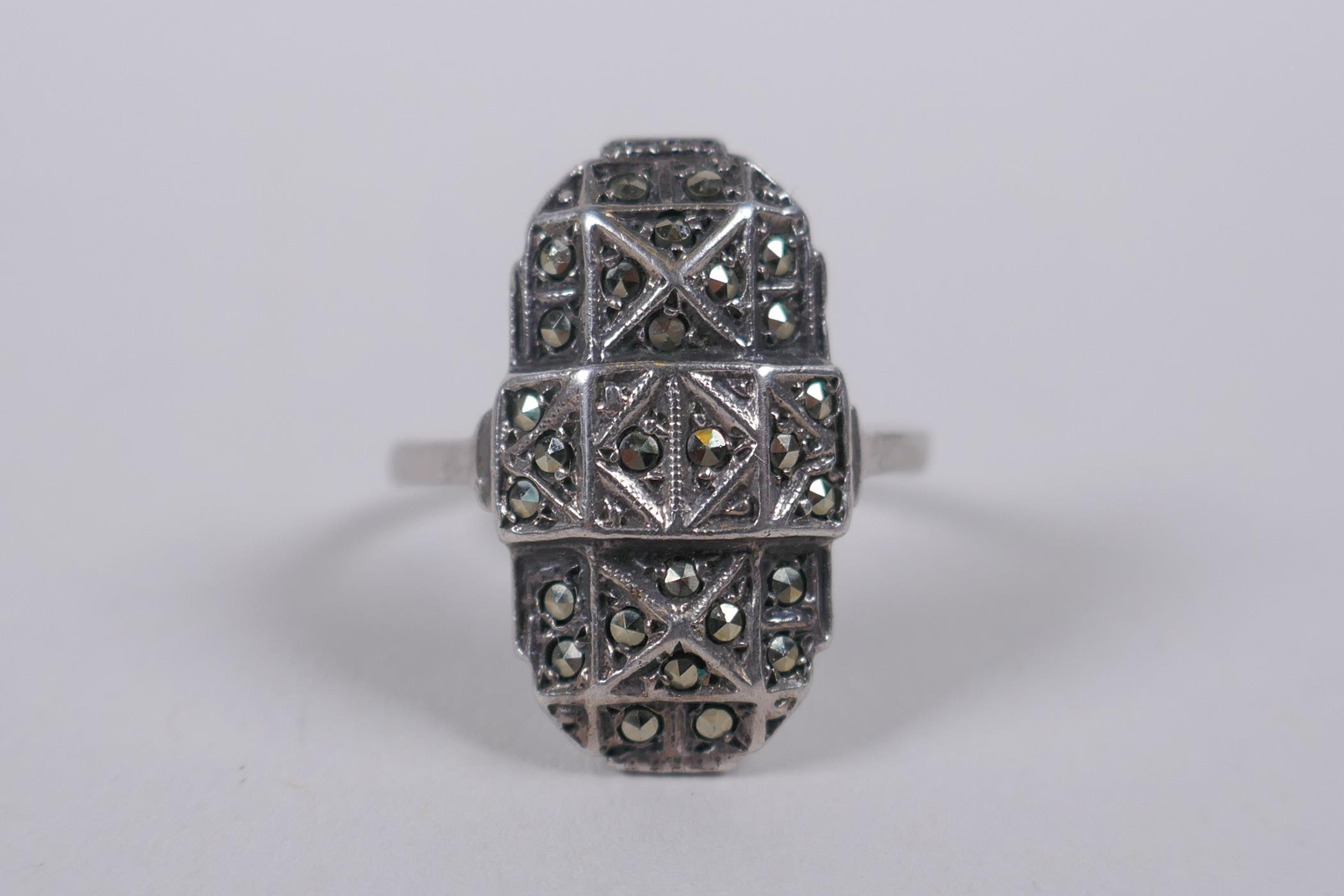 An antique Art Deco continental silver and marcasite ring, stamped 835, size O/P