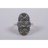 An antique Art Deco continental silver and marcasite ring, stamped 835, size O/P