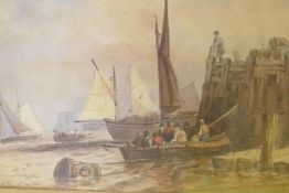 Harbour scene with figures in a rowing boat, unsigned, C19th watercolour, 21 x 14, G. M. Walker,