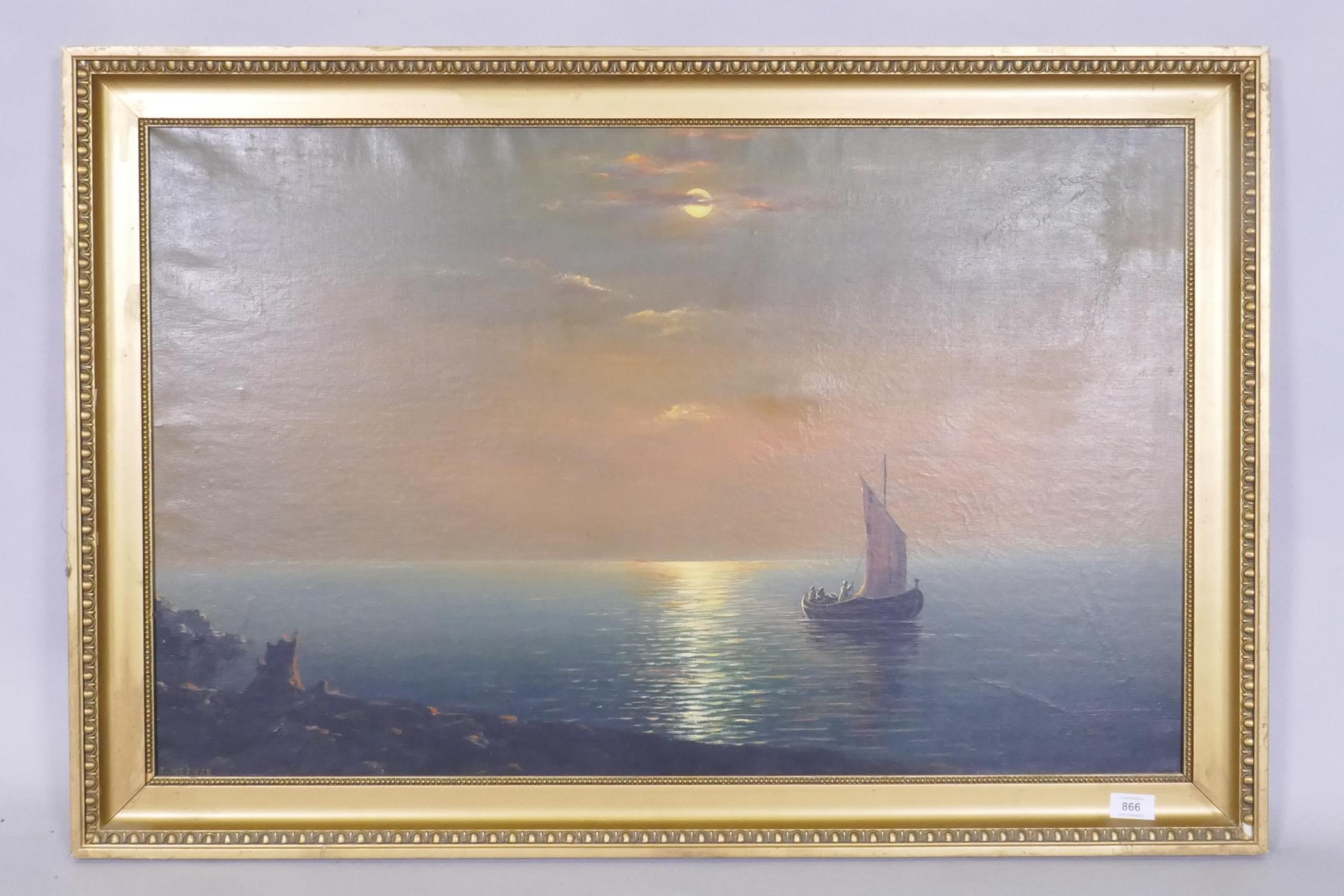 T. Werner, Arab dhow at sunset, signed, oil on canvas, 93 x 58cm - Image 2 of 3