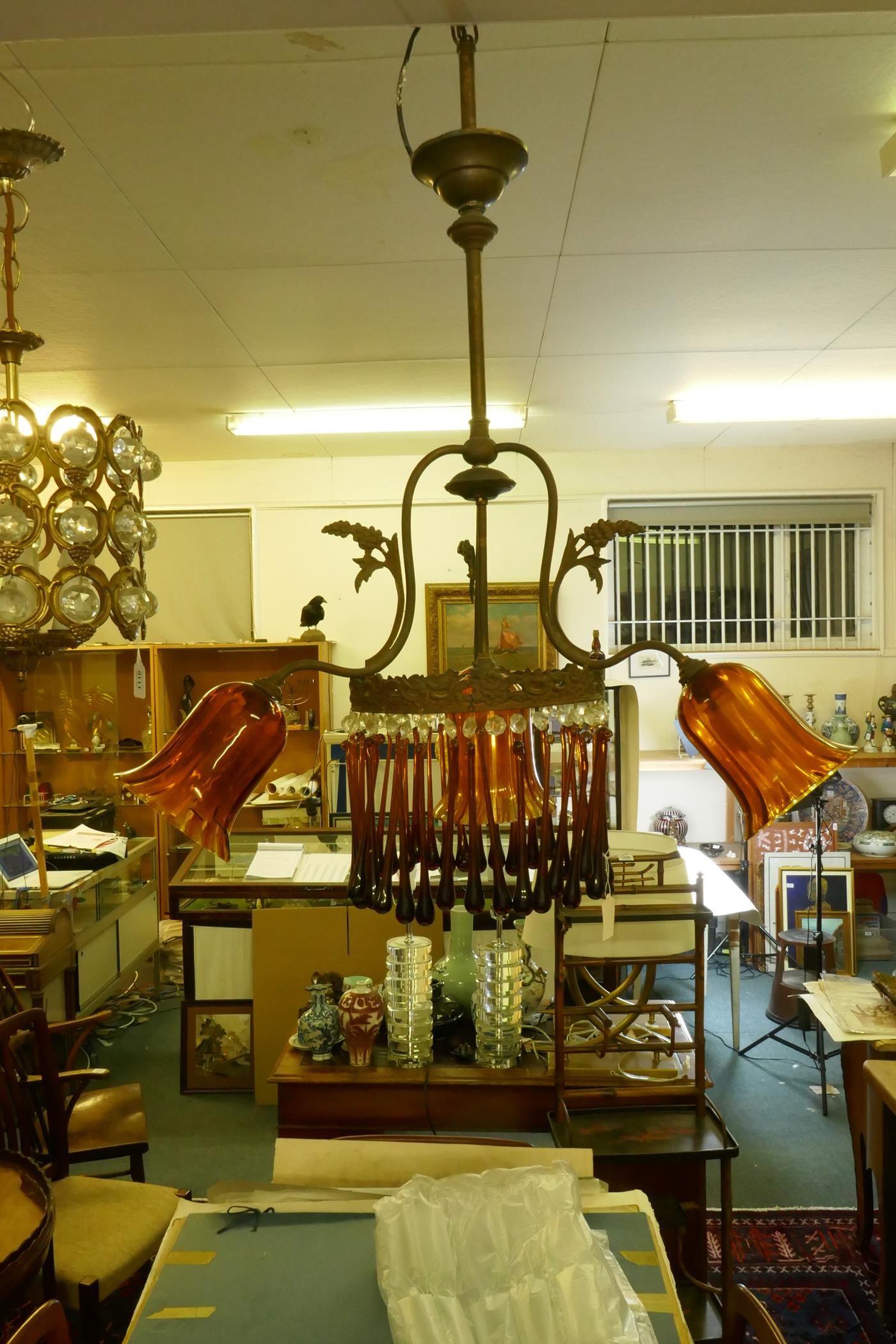 An early C19th continental pendant ceiling light with three branches and amber glass drops and - Image 3 of 4