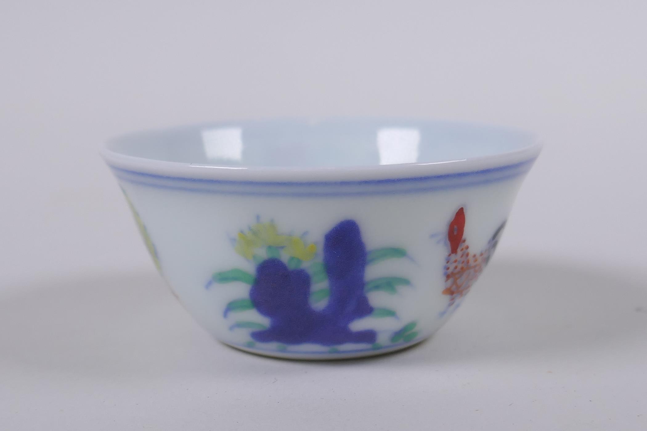 A Doucai porcelain tea bowl with chicken decoration, Chinese Chenghua 6 character mark to base, - Image 2 of 6