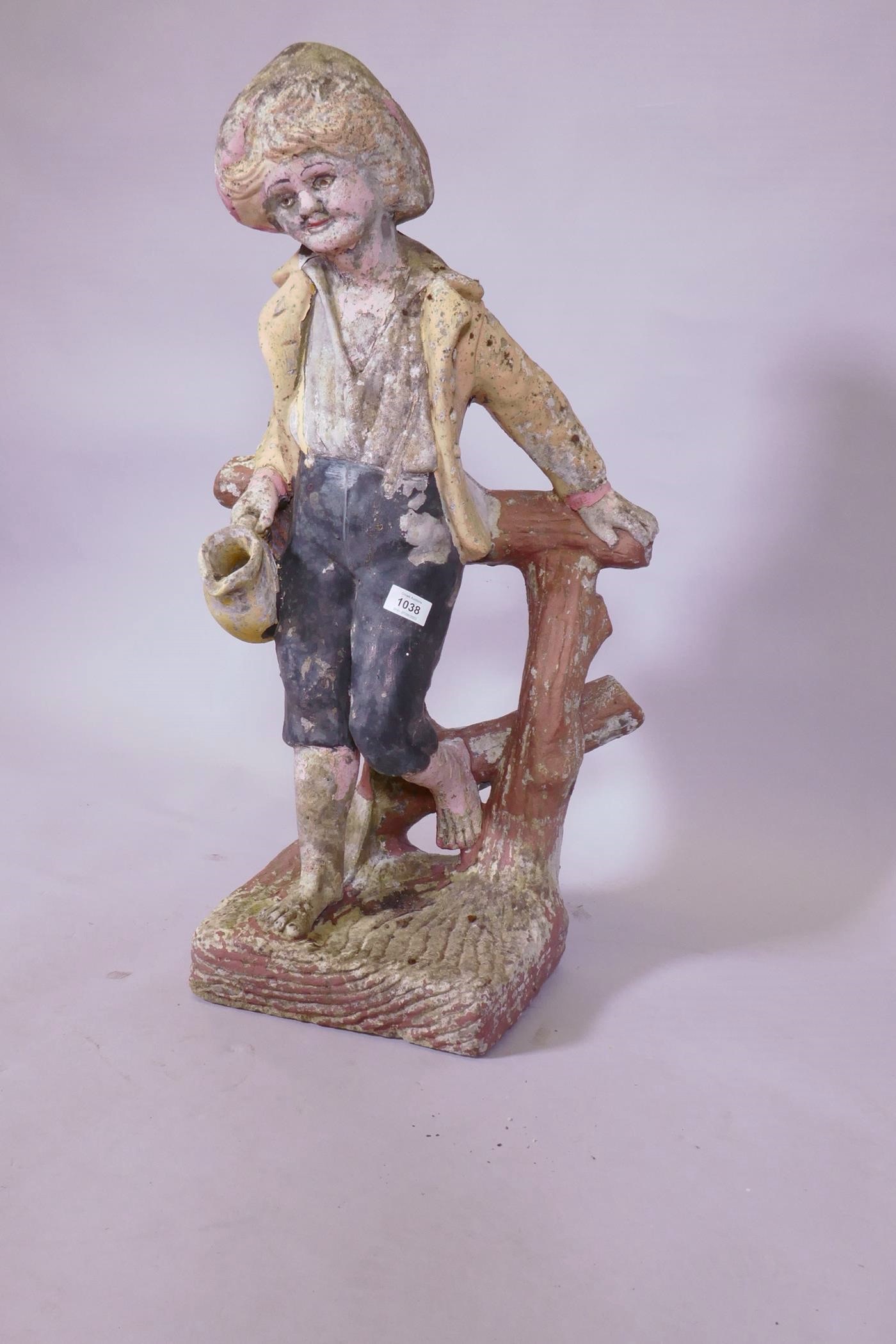 A painted concrete garden figure of a young boy leaning on a tree stump, 80cm high - Image 3 of 3