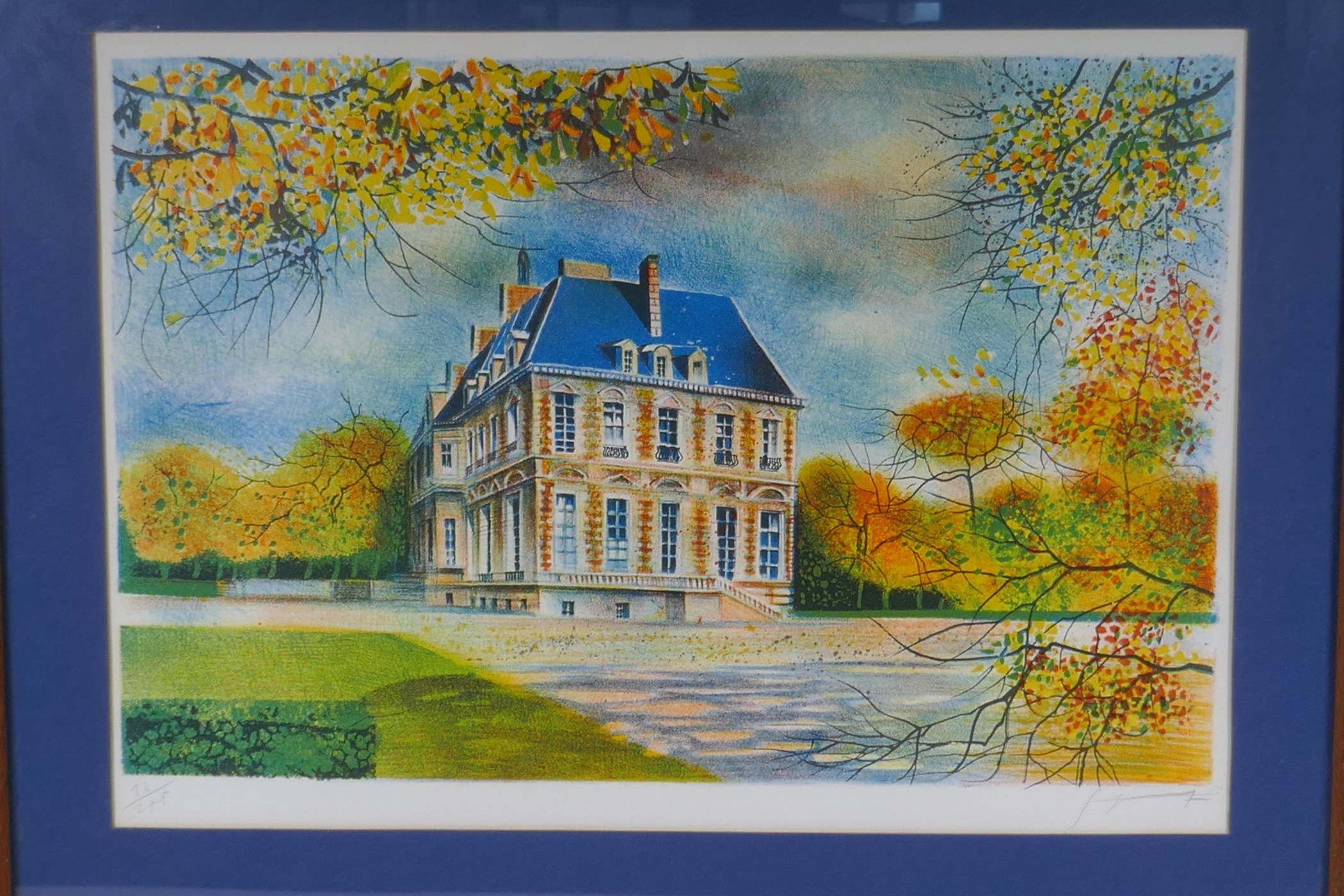 A limited edition lithograph of a French chateau, indistinctly pencil signed and numbered 86/275, 47 - Image 2 of 5