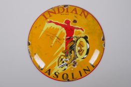 A vintage style 'Indian Gasoline' enamel advertising sign, 30cm diameter