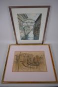 David Caplan, Venice, signed water and ink, and a Venice backwater, indistinctly signed,