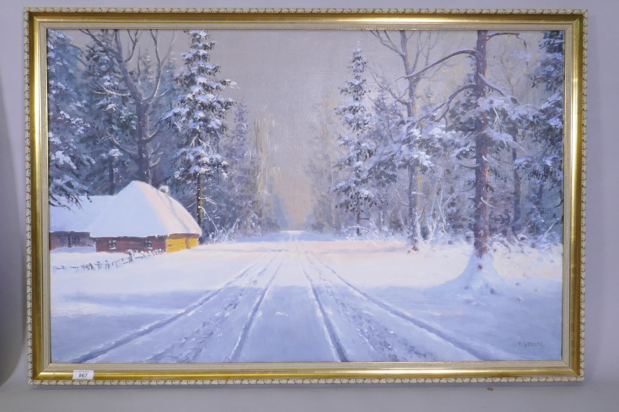 T. Werner, winter landscape at twilight, signed, oil on canvas, 99 x 64cm - Image 2 of 4