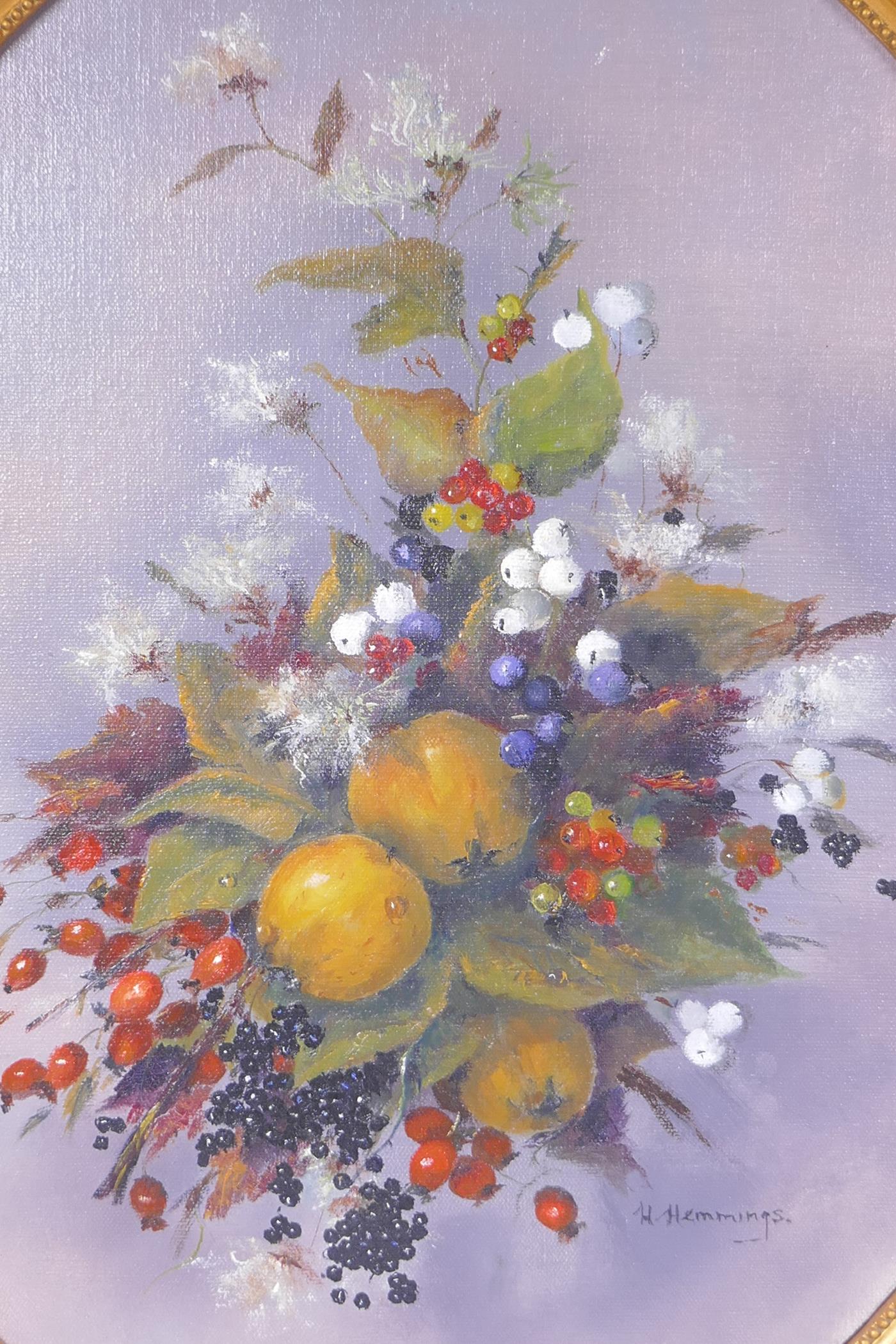H. Hemmings, still life, summer fruits, signed oil on canvas board, and another similar, largest - Image 2 of 4