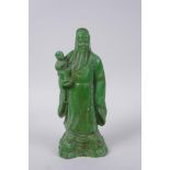 A Chinese green hardstone figure of Shou Lao, 20cm high