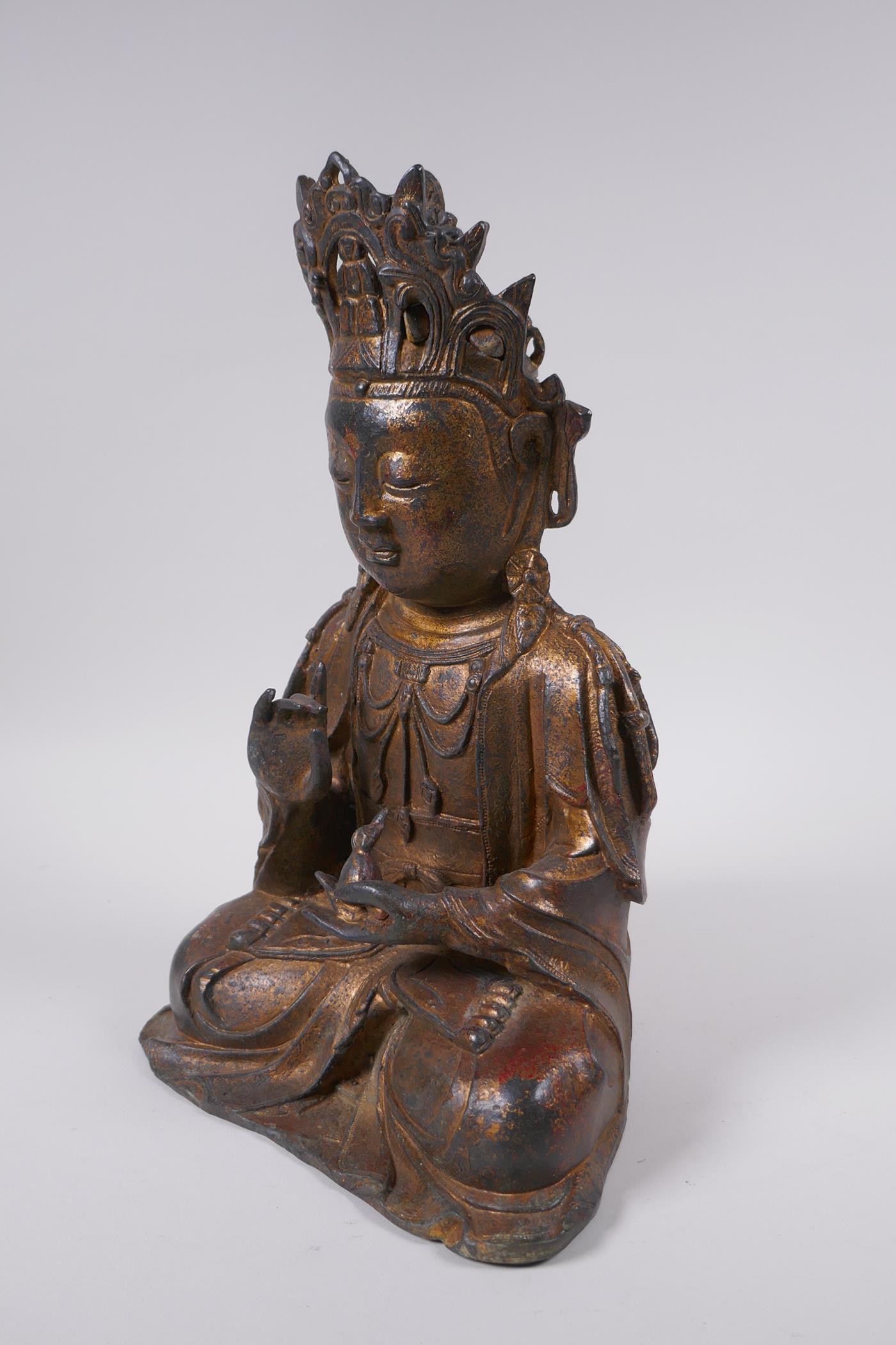 A Sino Tibetan gilt bronze figure of Buddha, 31cm high - Image 5 of 6