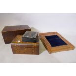 A stained pine writing slope, 40 x 28 x 20cm, a mahogany slope, walnut box and lacquered box