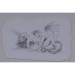 Fantasy art pencil sketch, indistinctly signed, 22 x 14cm