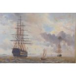 D. Olson, Royal Naval battleships at anchor, signed, mid C20th, oil on canvas, 76 x 50cm