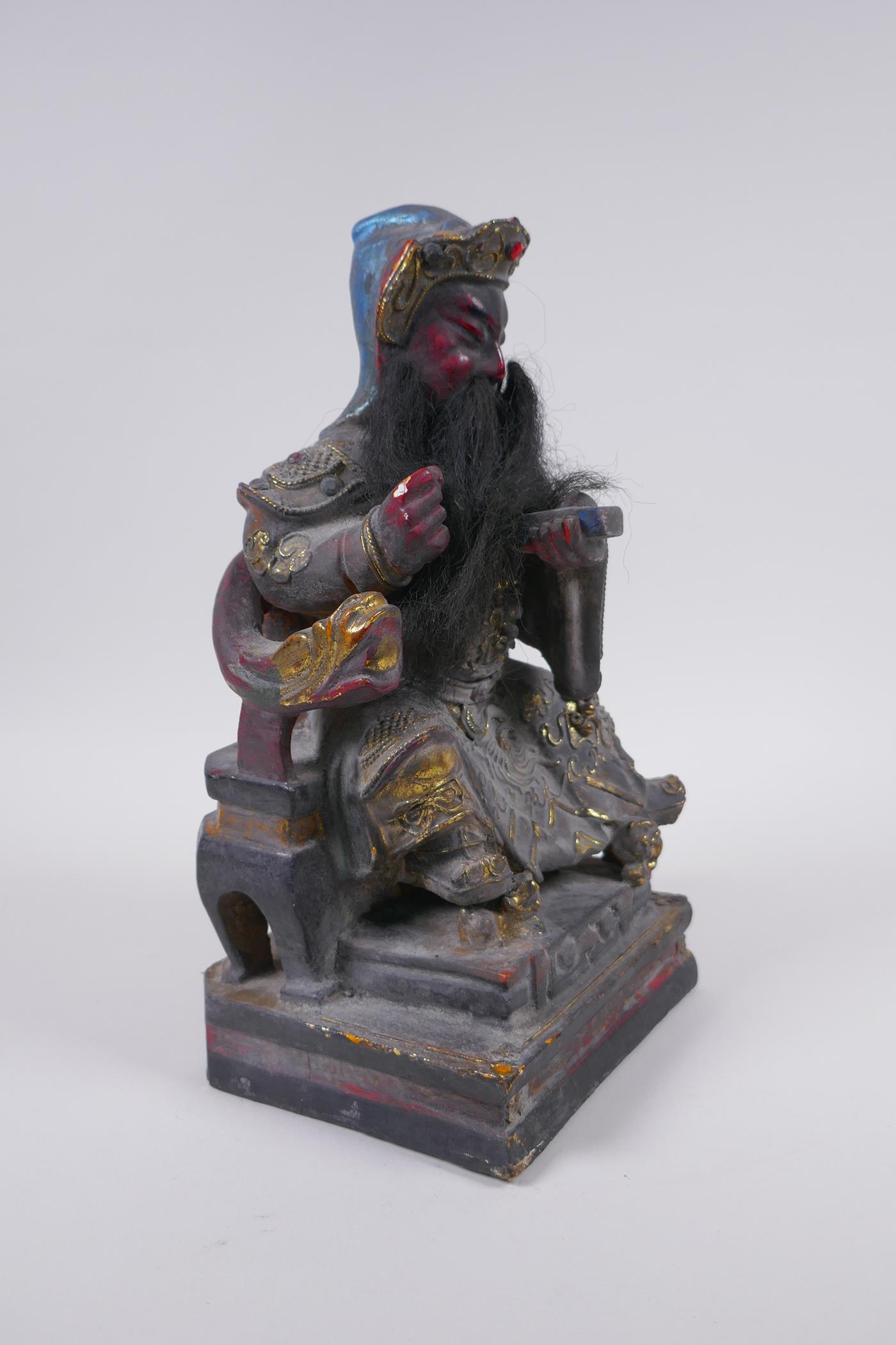 A Chinese carved, lacquered and gilt figure of a seated emperor, 28cm high - Image 3 of 6