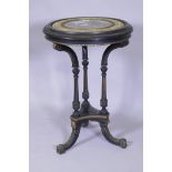 A C19th continental table, the top with inset porcelain panel hand painted with rural landscape,