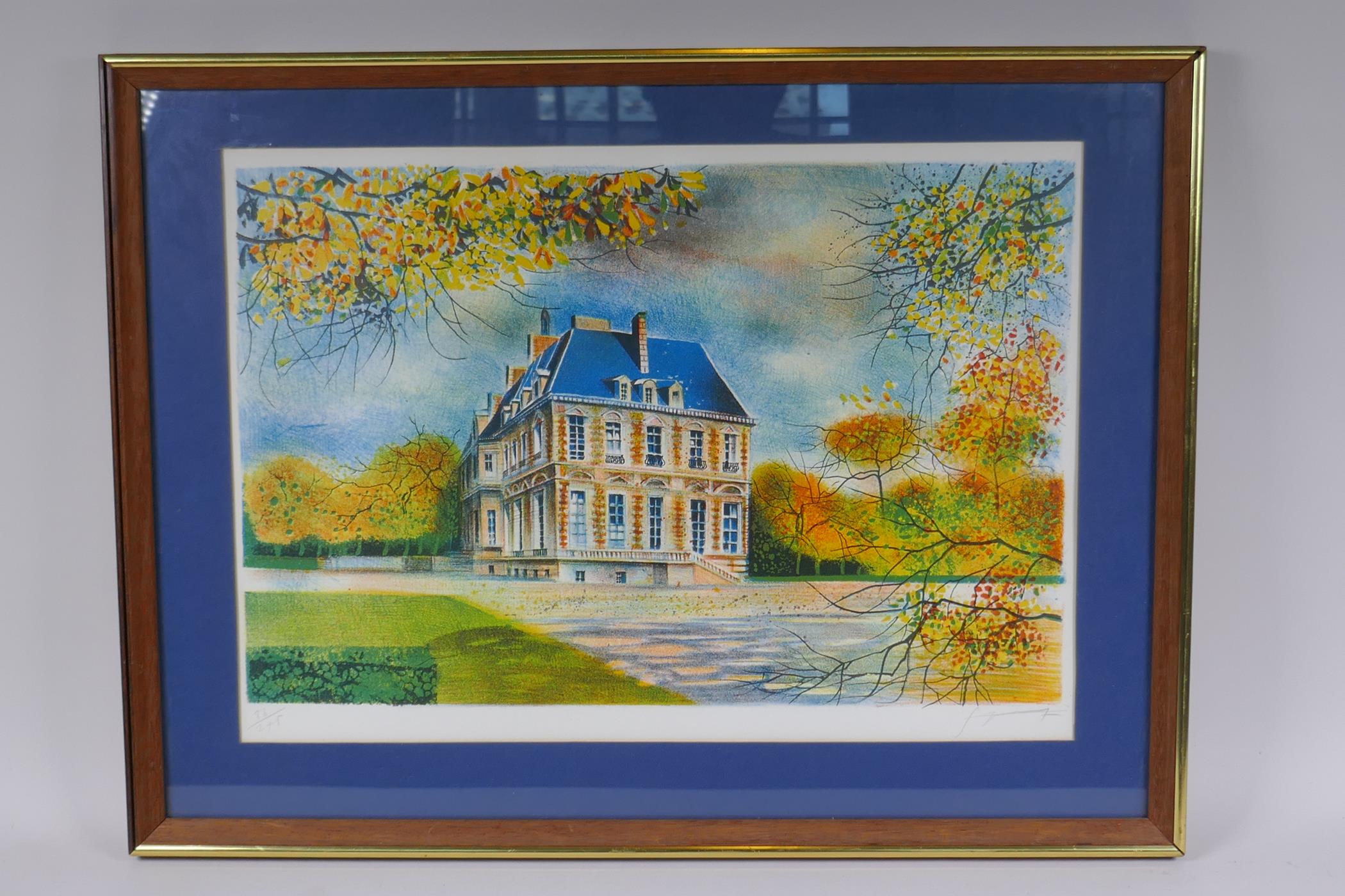 A limited edition lithograph of a French chateau, indistinctly pencil signed and numbered 86/275, 47 - Image 3 of 5