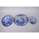 Three C19th Chinese blue and white porcelain dishes of various forms with floral and landscape