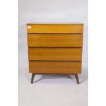 A mid century lacquered teak four drawer chest, raised on splay supports, 76 x 46 x 87cm