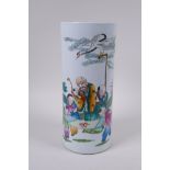 A Chinese polychrome porcelain cylinder vase with enamel decoration of a sage and children, 27cm