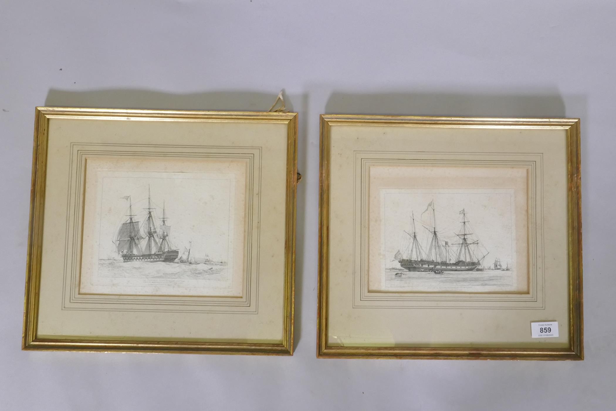 E.W. Cooke, a pair of C19th etchings, The Thames, East Indianman 1424 tons, drawn and etched by