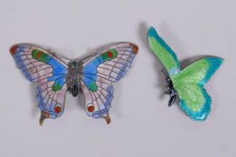 A vintage sterling silver and guilloche enamel butterfly brooch, and another similar, 7 x 4.5cm