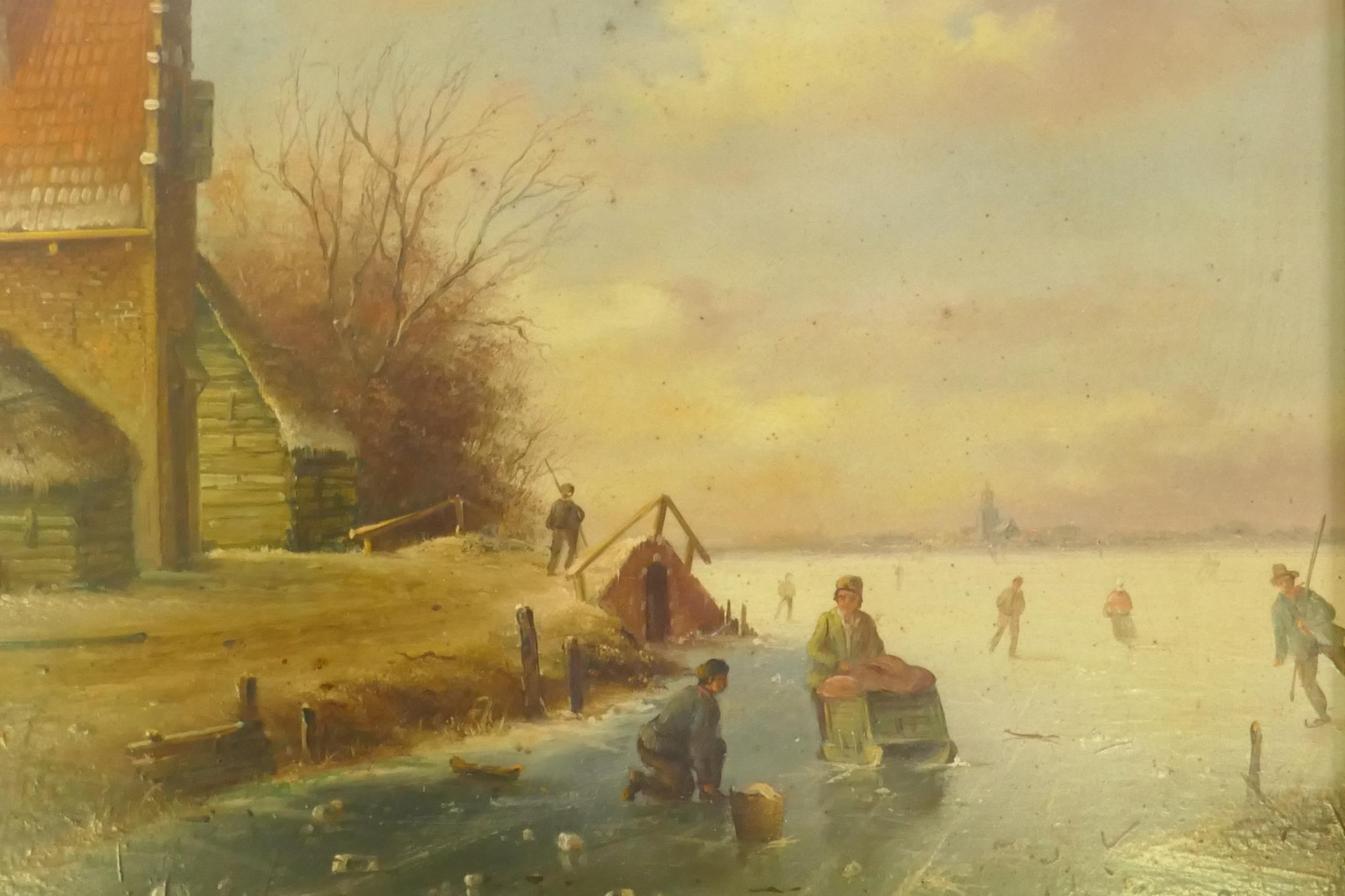 Pieter Cornelis Steenhouwer, a pair of Dutch winter landscapes, oil on board, signed, C20th, in gilt - Image 2 of 8