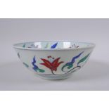 A Doucai porcelain bowl with scrolling floral decoration, Chinese Chenghua 6 character mark to base,