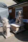 A pair of carved marble figures of lions mounted on plinths, 166cm high