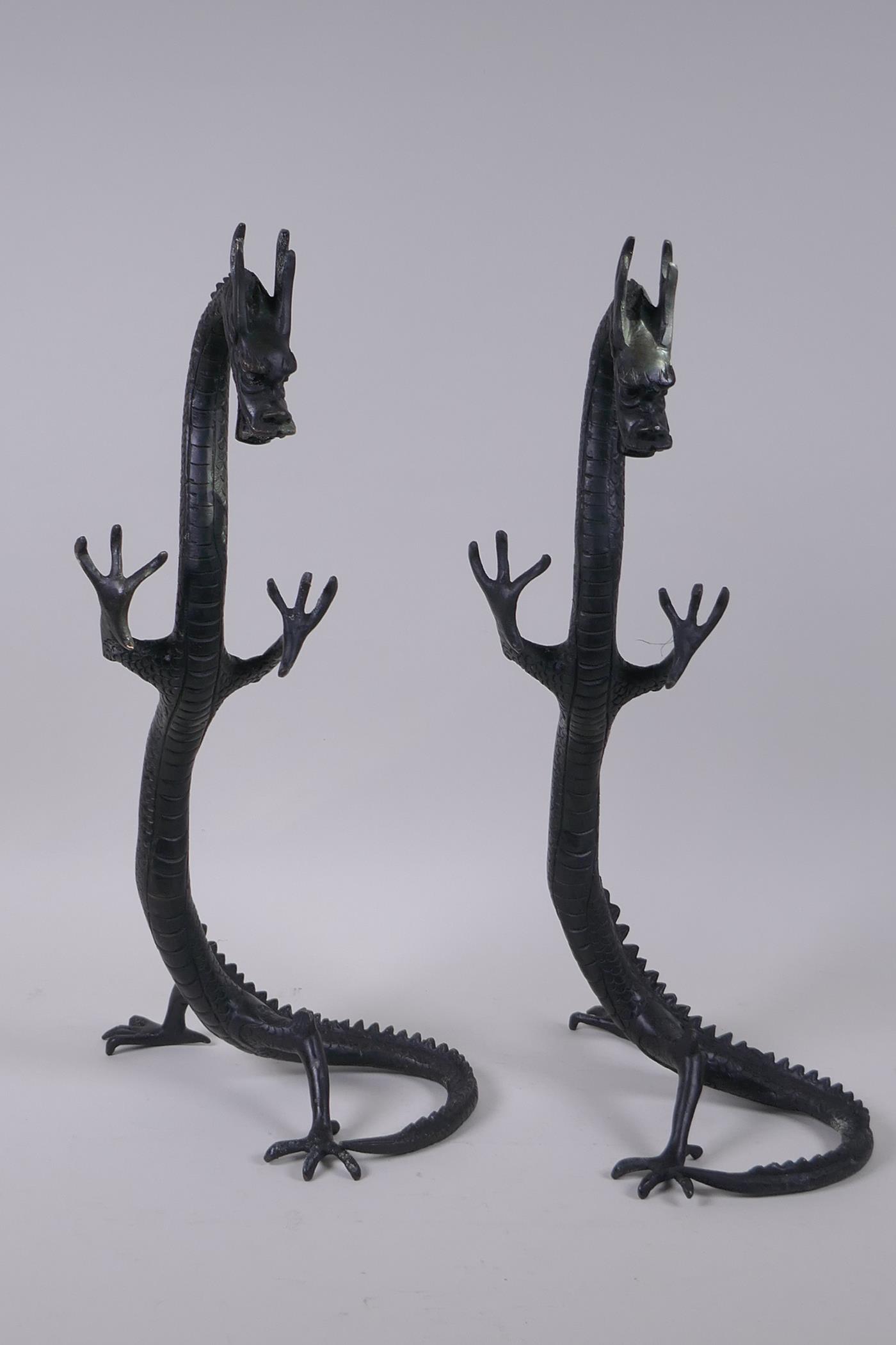 A pair of Chinese bronze dragons, 40cm high - Image 2 of 2