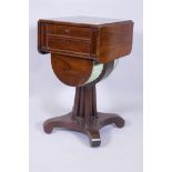 A C19th rosewood work table with drop leaf top over two drawers, the upper fitted with a pull out