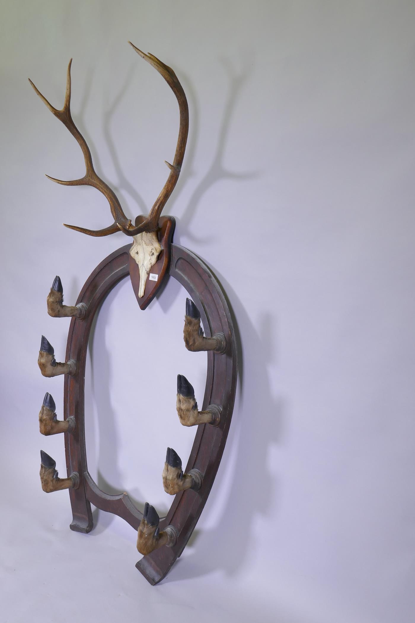 A Victorian oak gun rack in the form of horse shoe with deer's hoof hooks and antler crest, 84cm - Image 2 of 2