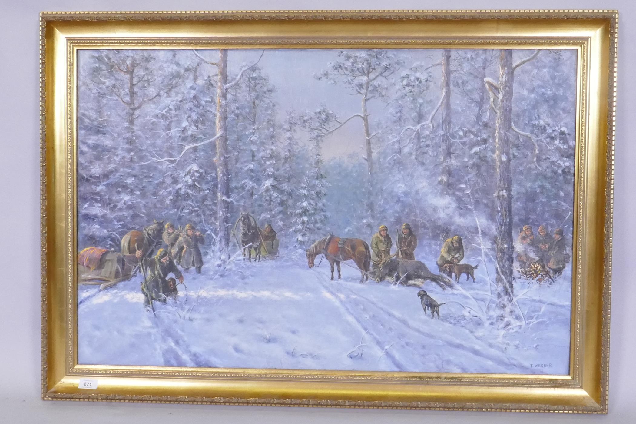 T. Werner, winter landscape with hunters in the snow, signed, oil on canvas, 100 x 65cm - Image 2 of 4