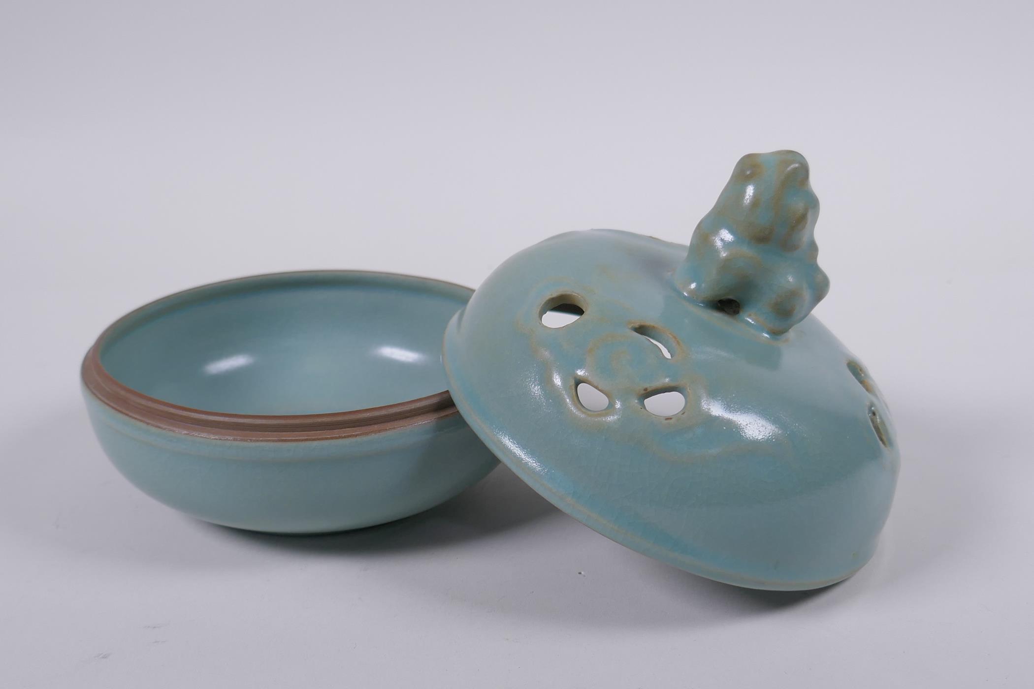 A Chinese Ru ware style porcelain censer and pierced cover, the cover with Fo dog knop, 13cm - Image 2 of 3