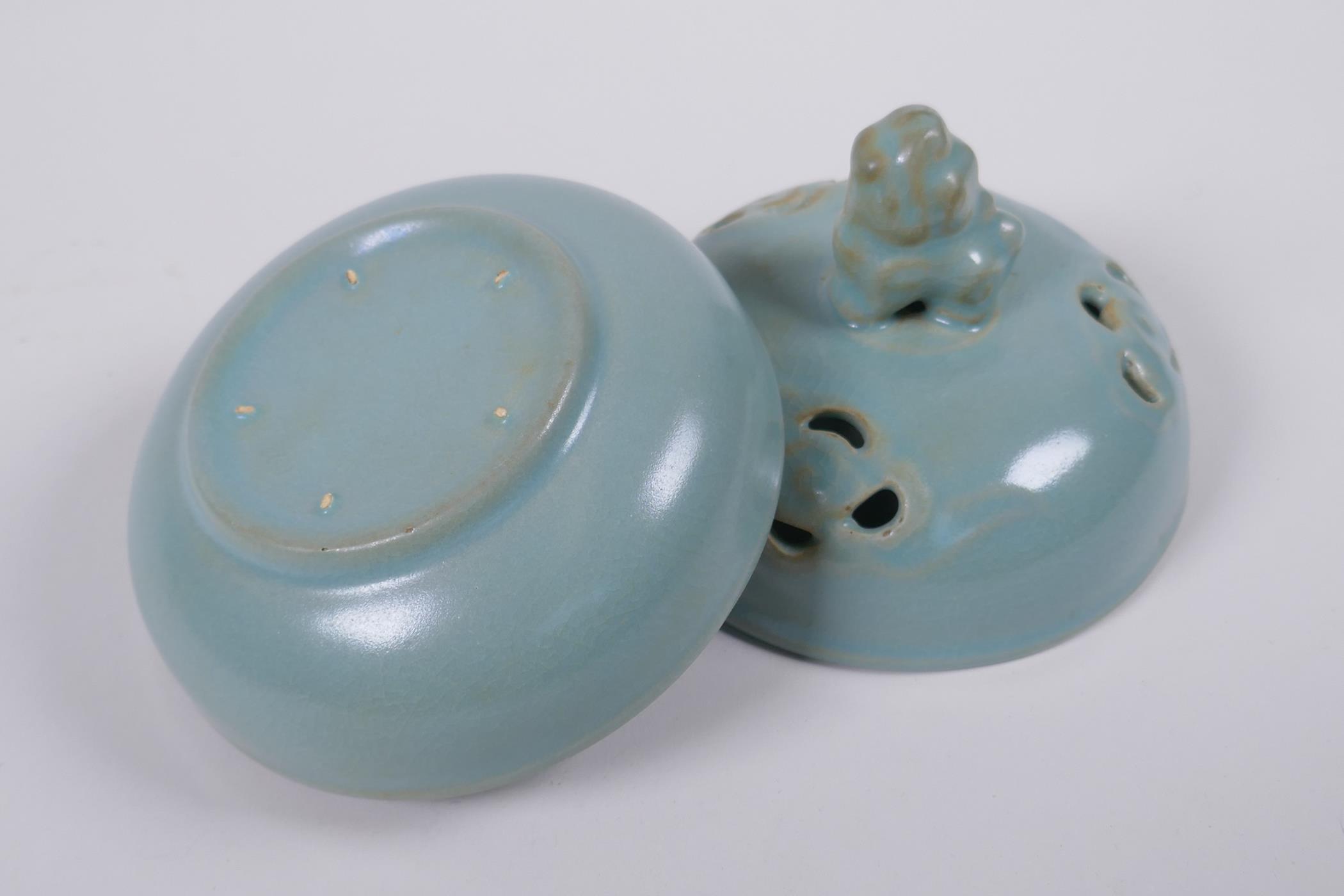 A Chinese Ru ware style porcelain censer and pierced cover, the cover with Fo dog knop, 13cm - Image 3 of 3