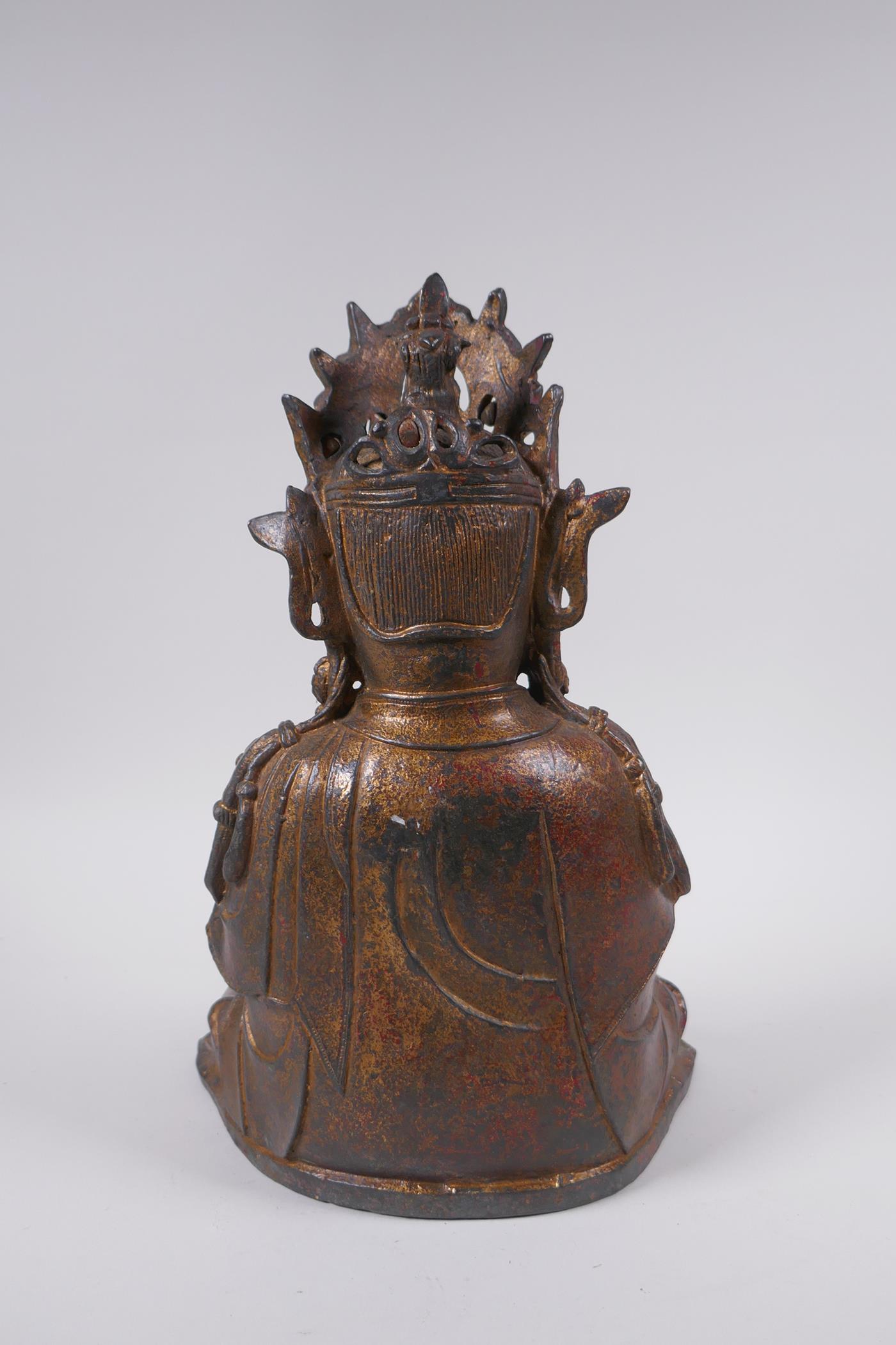 A Sino Tibetan gilt bronze figure of Buddha, 31cm high - Image 4 of 6