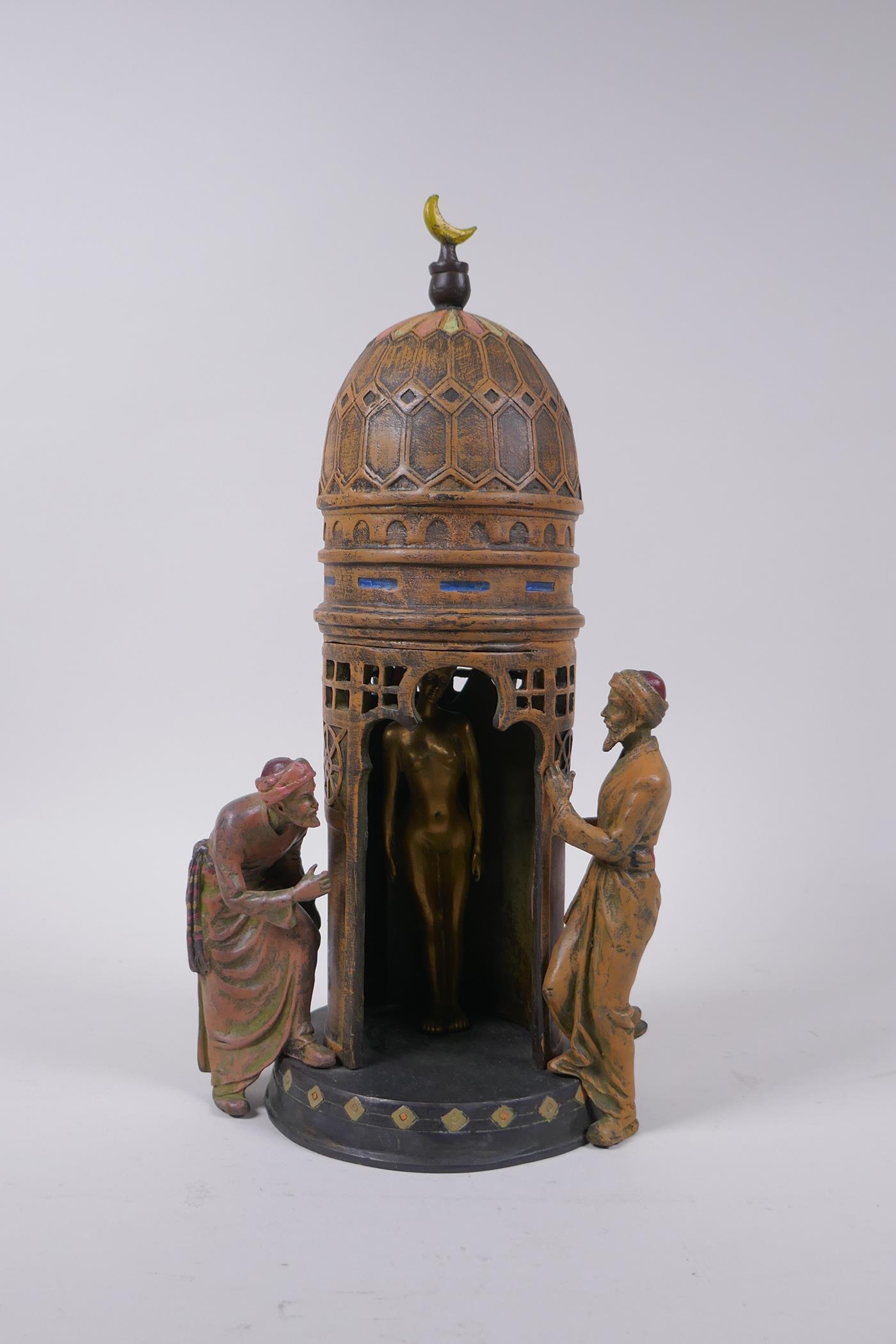 An Austrian style cold painted bronze figure of an Arabic tower, with concealed female nude and - Image 2 of 5