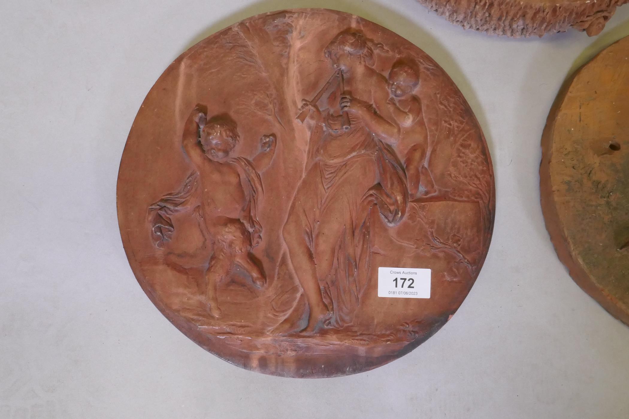 Terracotta wall plaque with raised classical decoration signed Bouchardon, another similar and a - Image 2 of 5