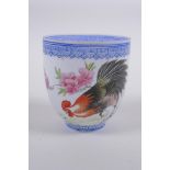 A Chinese Republic period eggshell porcelain cup with hand painted cockerel decoration, signed in