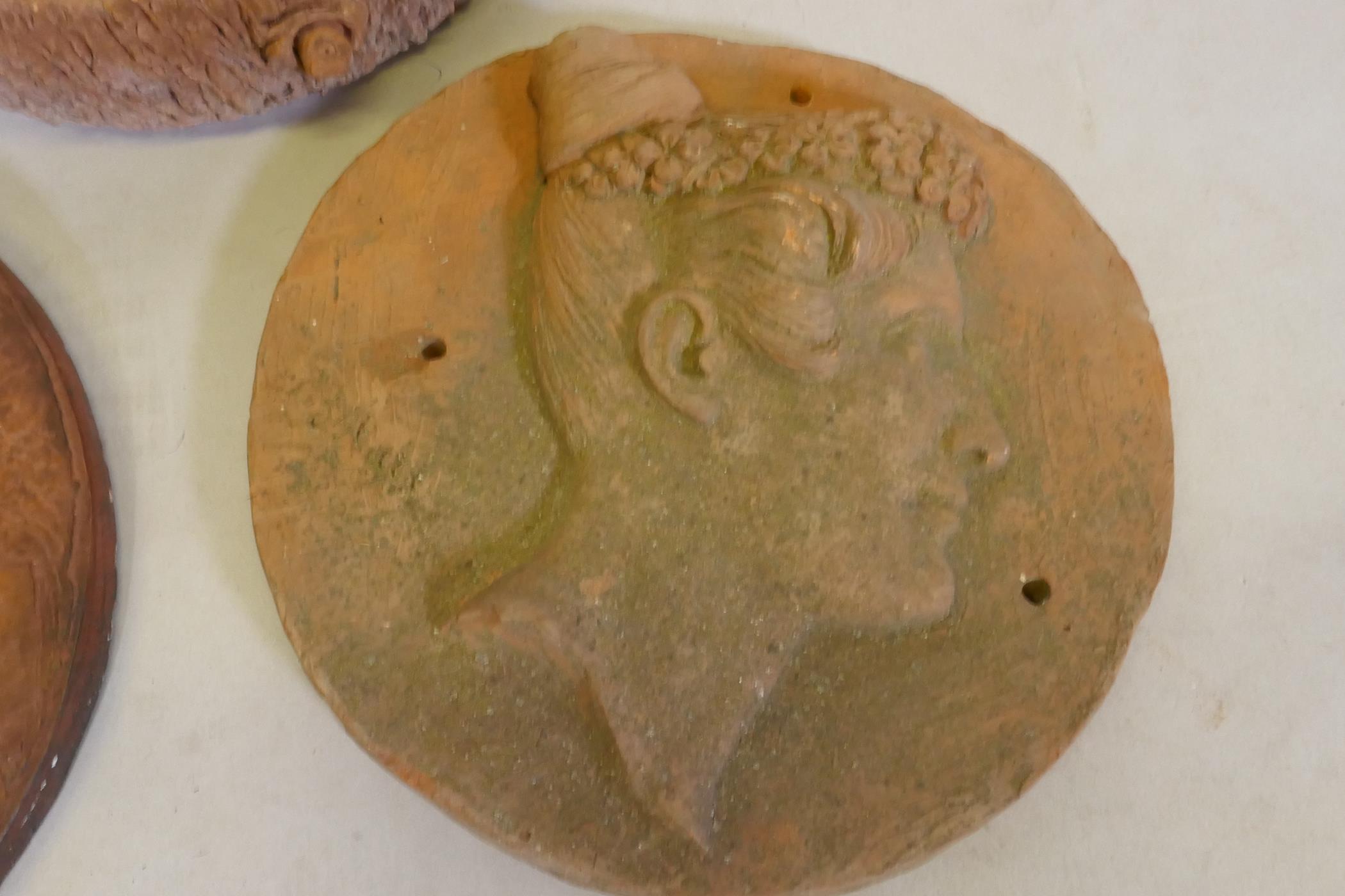 Terracotta wall plaque with raised classical decoration signed Bouchardon, another similar and a - Image 4 of 5