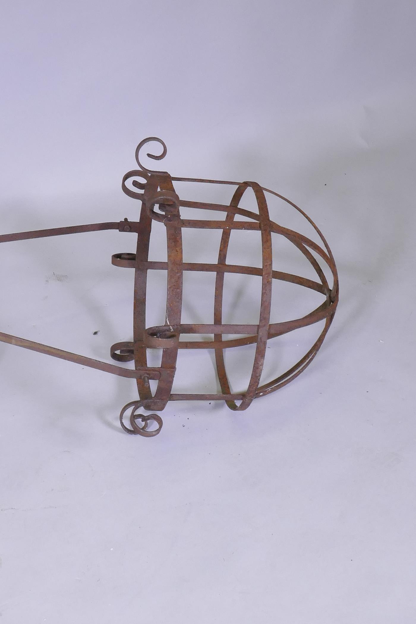 A wrought metal hanging flower basket, 33cm internal diameter, 110cm high - Image 2 of 3