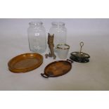 A parquetry inlaid small wood tray, inscribed to base, an oak tray (lacking handles), etched glass