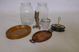 A parquetry inlaid small wood tray, inscribed to base, an oak tray (lacking handles), etched glass