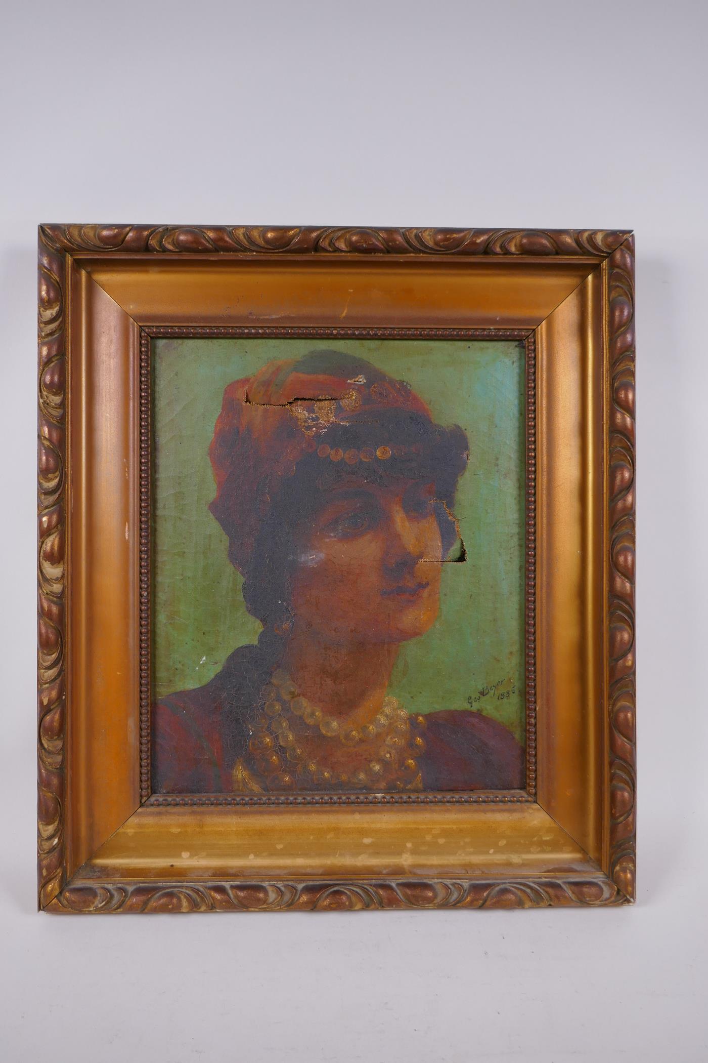 George Beyer, 1885, portrait of a gypsy girl, oil on canvas, AF, 26 x 30cm - Image 3 of 5