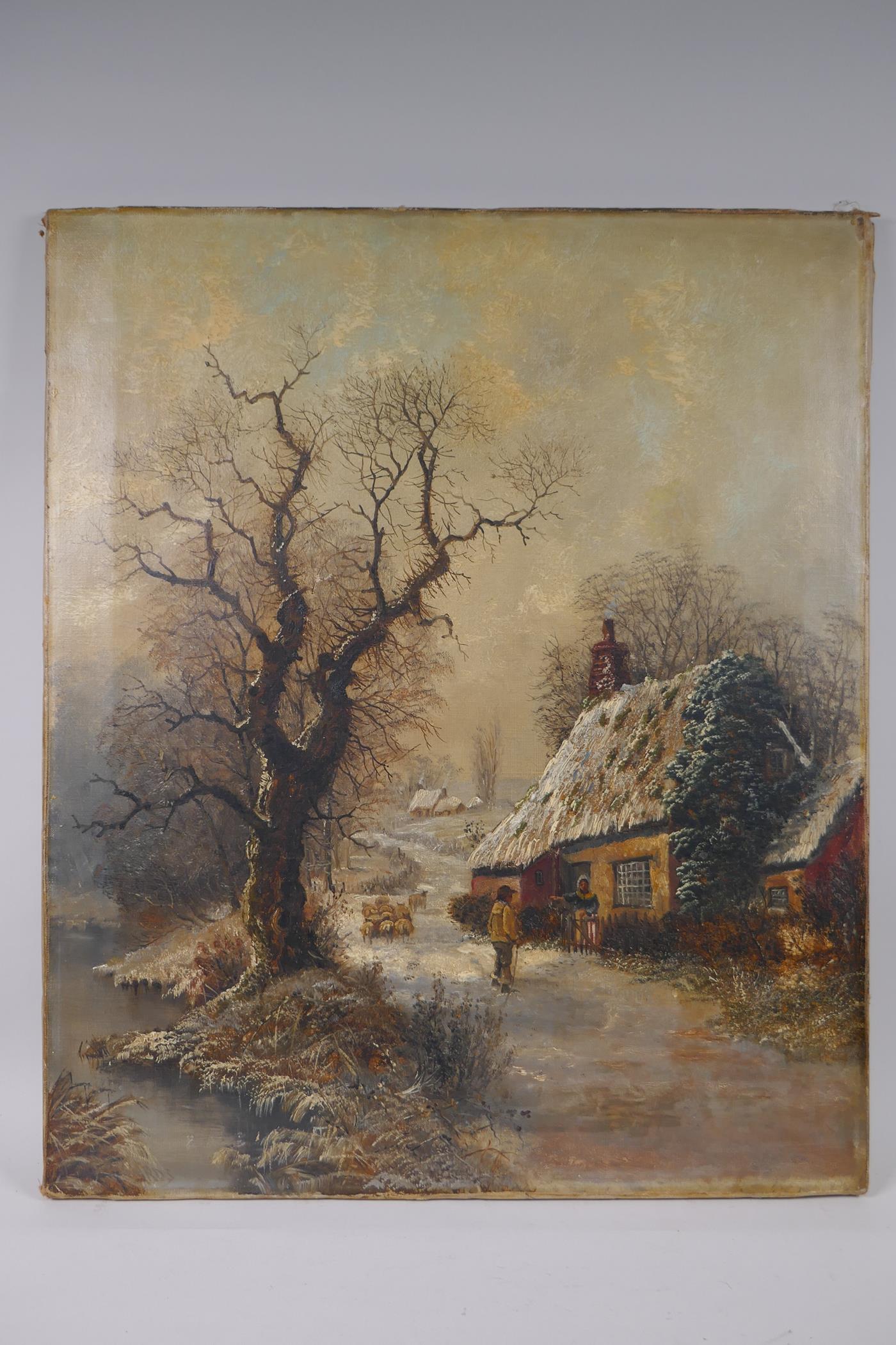 Winter landscape with figures by a cottage, indistinctly signed, late C19th oil on canvas, unframed, - Image 2 of 4