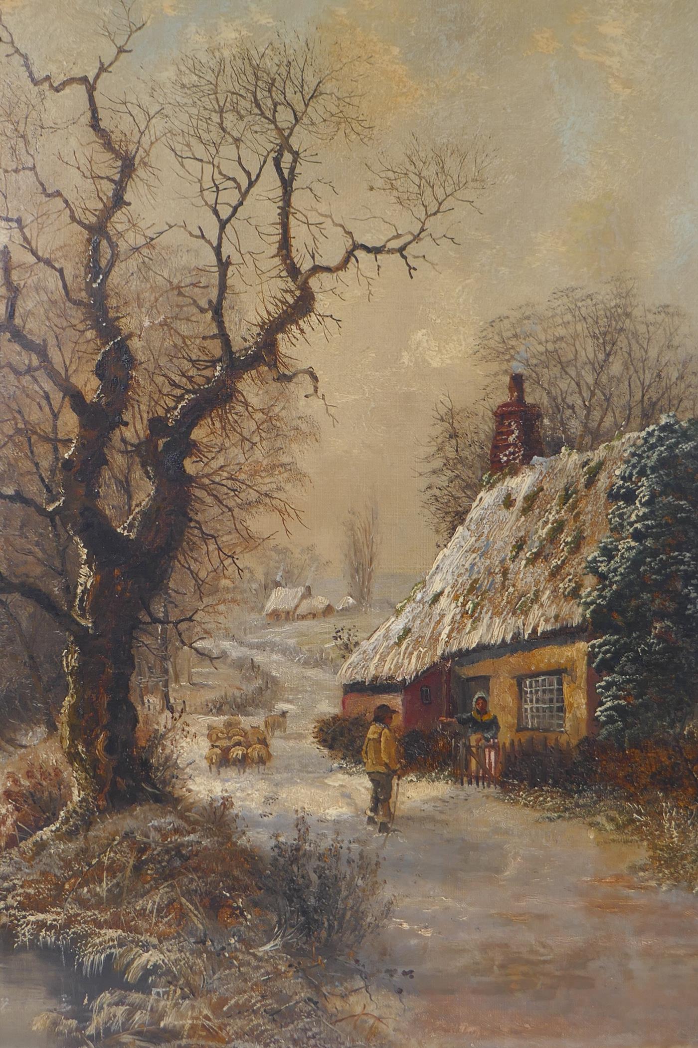 Winter landscape with figures by a cottage, indistinctly signed, late C19th oil on canvas, unframed,