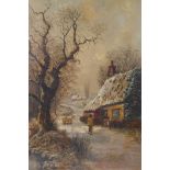 Winter landscape with figures by a cottage, indistinctly signed, late C19th oil on canvas, unframed,