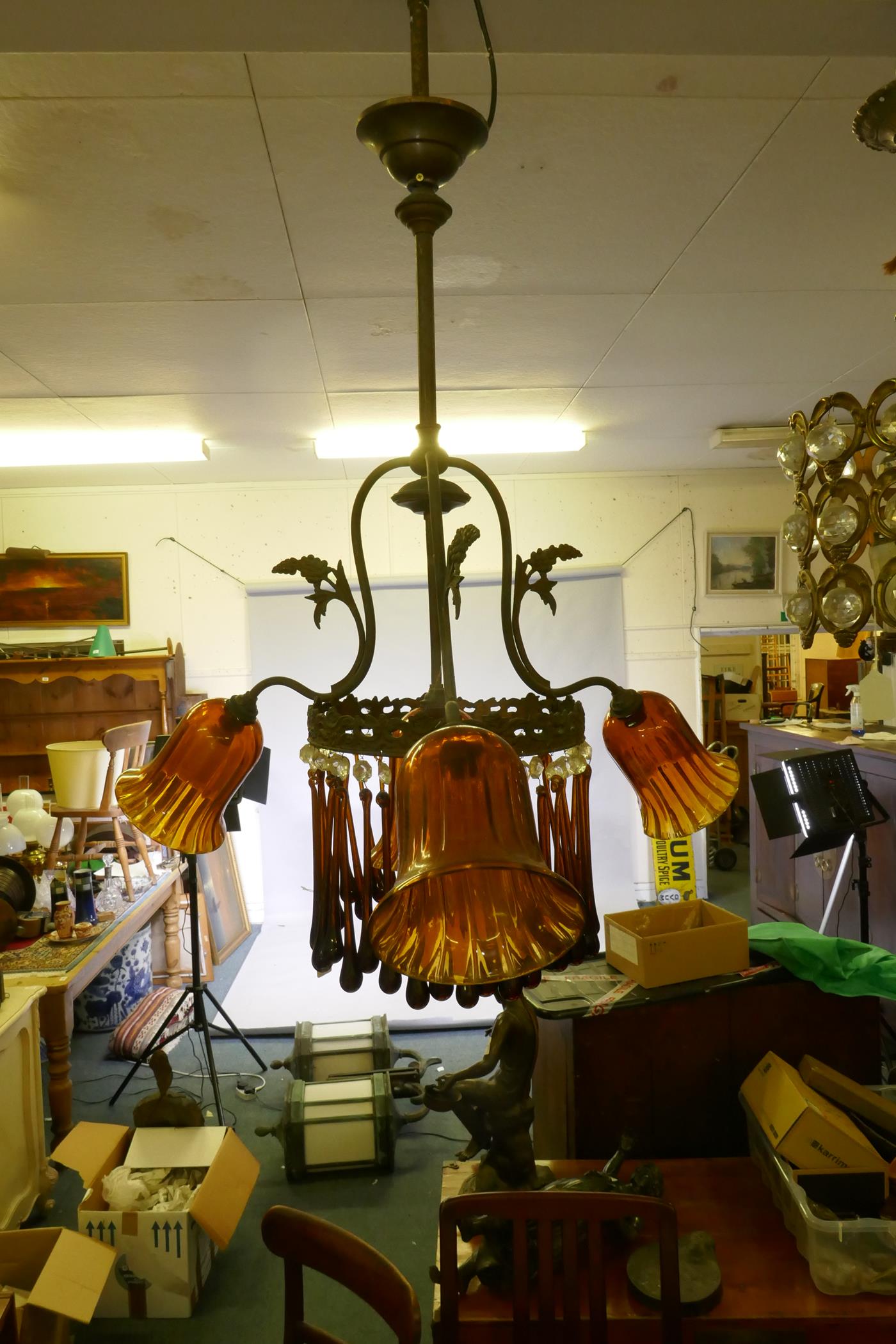 An early C19th continental pendant ceiling light with three branches and amber glass drops and - Image 2 of 4