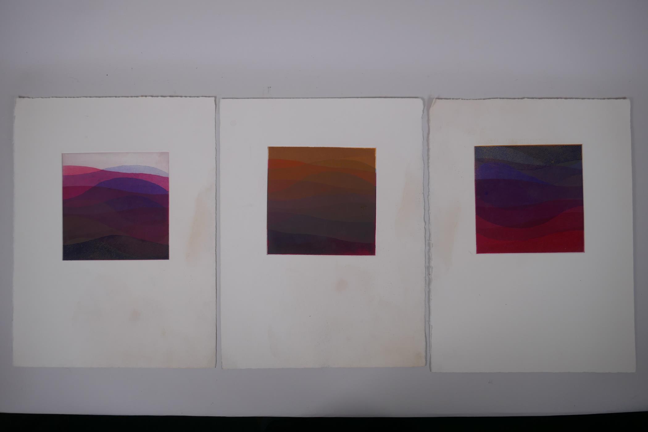 Abstract colour waves, triptych of aquatint prints, pencil signed verso Claire; Provenance: Ex-