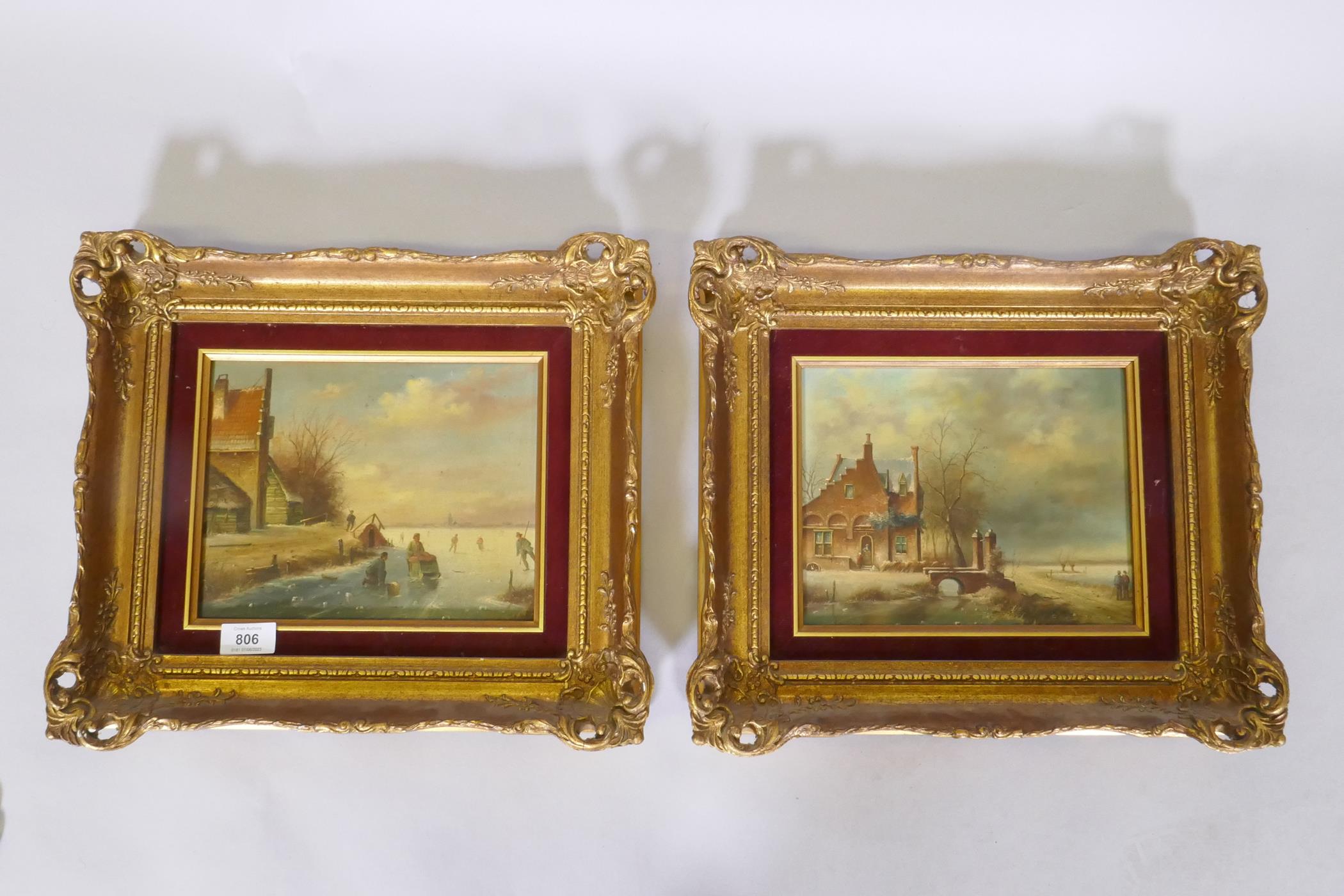 Pieter Cornelis Steenhouwer, a pair of Dutch winter landscapes, oil on board, signed, C20th, in gilt